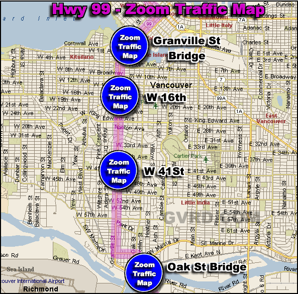 Hwy 99 and Granville Street Bridge Traffic Zoom Map