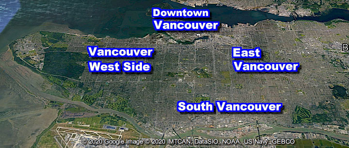 Clickable Vancouver BC Aerial 4 Districts Regional Map for New Real Estate Developments for Sale